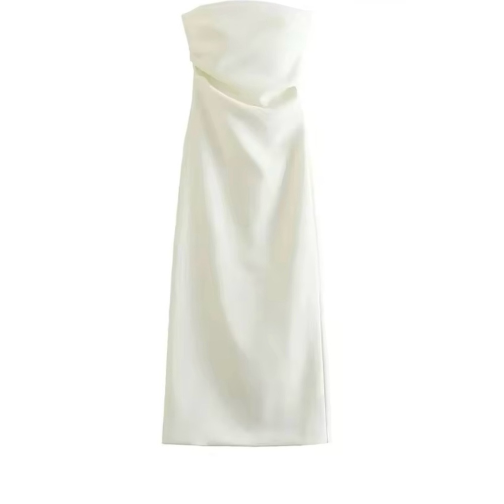 Strapless Gathered Midi Dress Sexy Straight Neck Back Slit Female Dresses